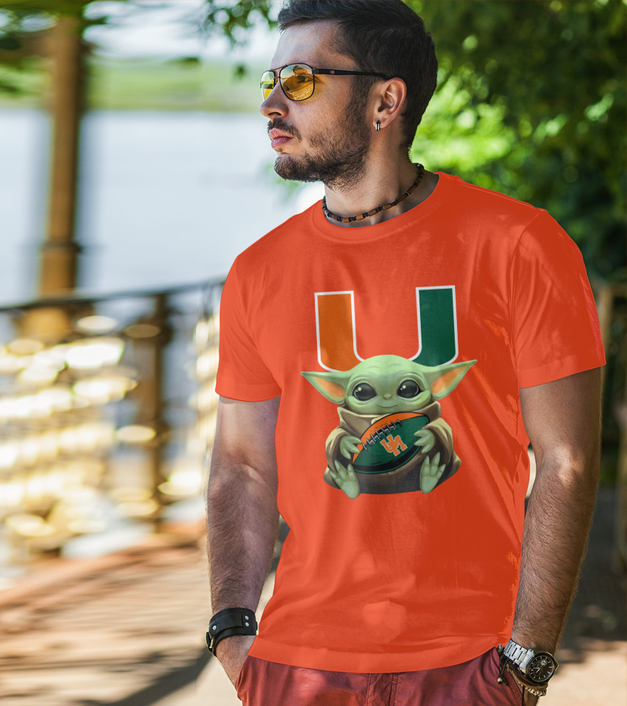 Baby Yoda Miami Hurricanes Football Fan T-Shirt