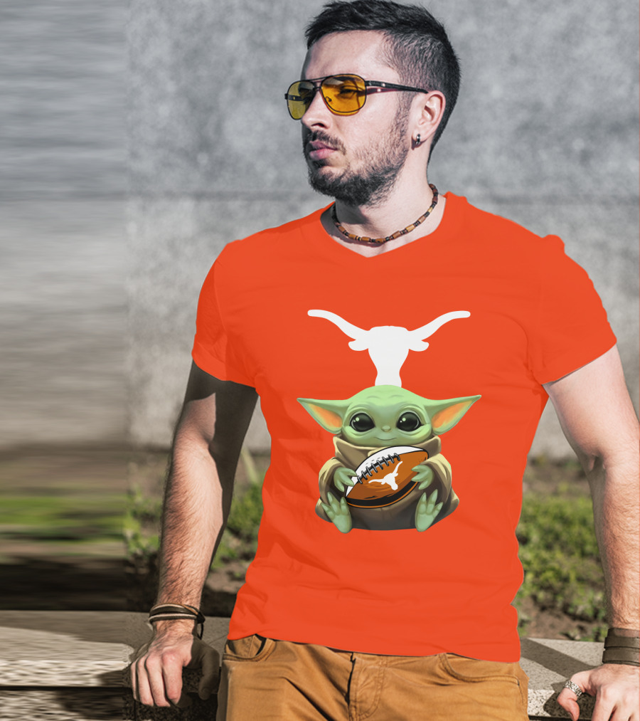 Baby Yoda Longhorns Football Logo Orange Background T-Shirt