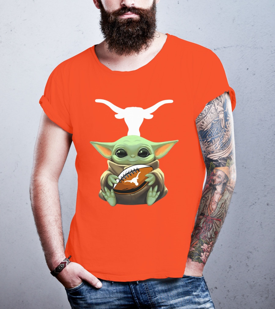 Baby Yoda Longhorns Football Logo Orange Background T-Shirt