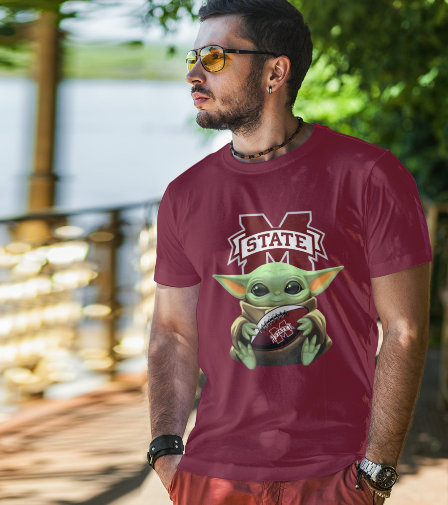 Baby Yoda Holding Mississippi State Bulldogs Football T-Shirt