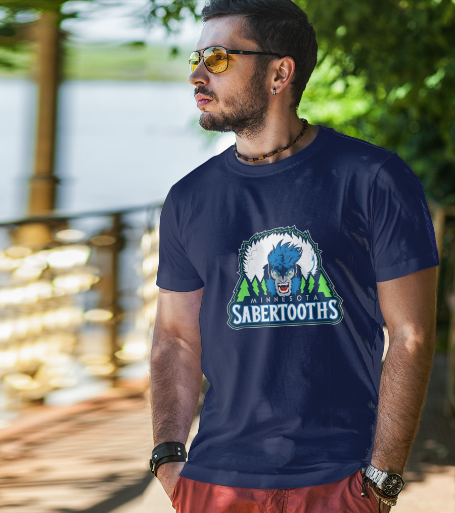 Minnesota Sabertooths NBA Logo With Blue Sabertooth And Green Pine Trees T-Shirt