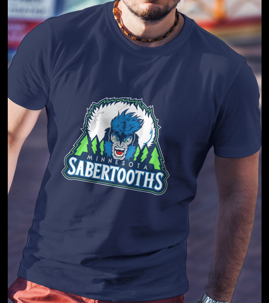 Minnesota Sabertooths NBA Logo With Blue Sabertooth And Green Pine Trees T-Shirt
