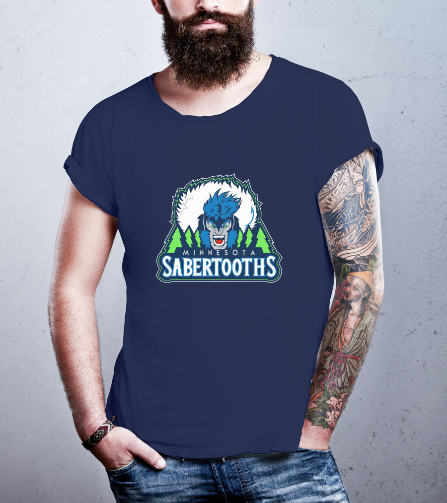 Minnesota Sabertooths NBA Logo With Blue Sabertooth And Green Pine Trees T-Shirt