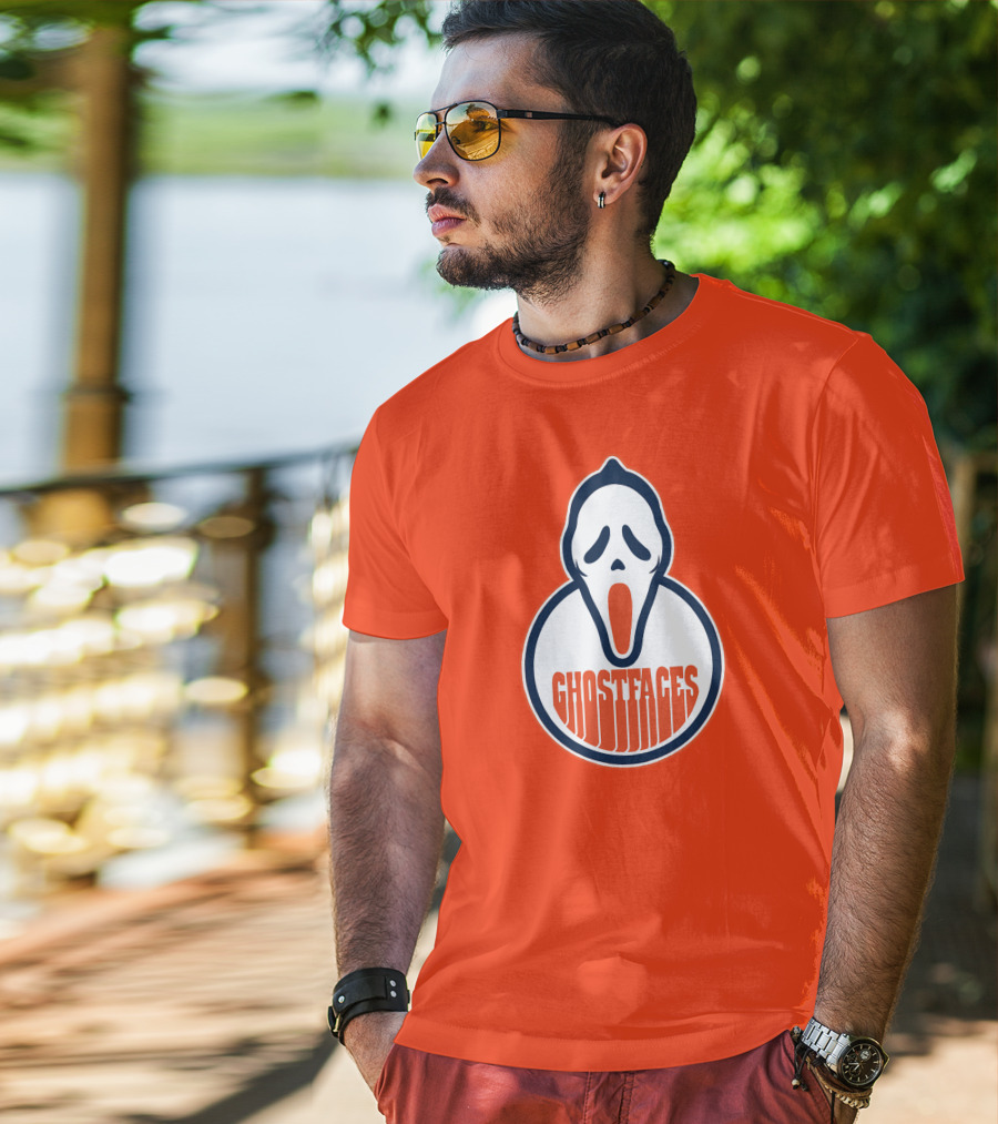 Edmonton Ghostfaces NHL Scream Parody Logo Orange Background T-Shirt
