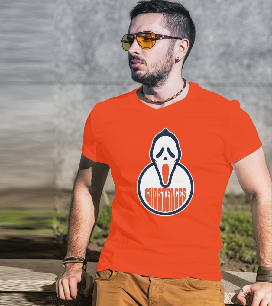 Edmonton Ghostfaces NHL Scream Parody Logo Orange Background T-Shirt
