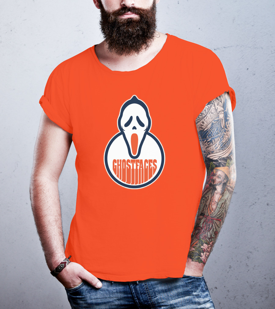 Edmonton Ghostfaces NHL Scream Parody Logo Orange Background T-Shirt
