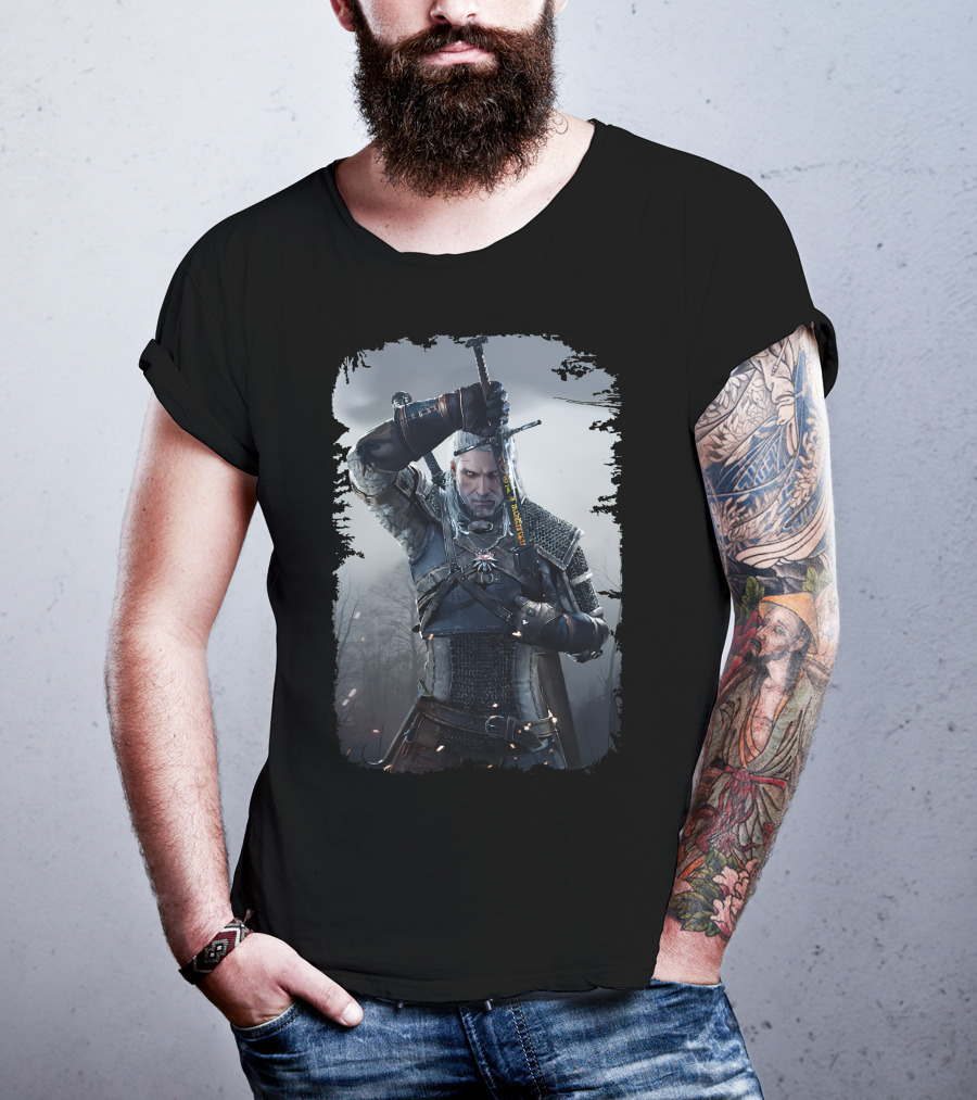 The Witcher Wild Hunt Geralt Sword Action Scene T-Shirt