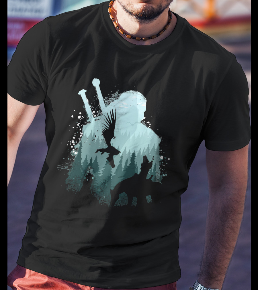Wild Huntsman Silhouette With Swords Forest And Animals T-Shirt