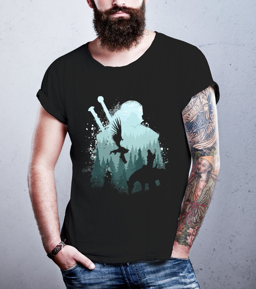 Wild Huntsman Silhouette With Swords Forest And Animals T-Shirt