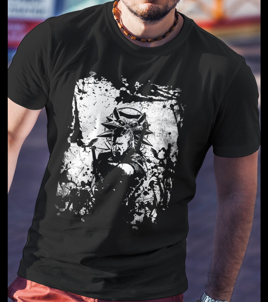 The Witcher 3 Wild Hunt Geralt Wolf School Emblem Splatter T-Shirt