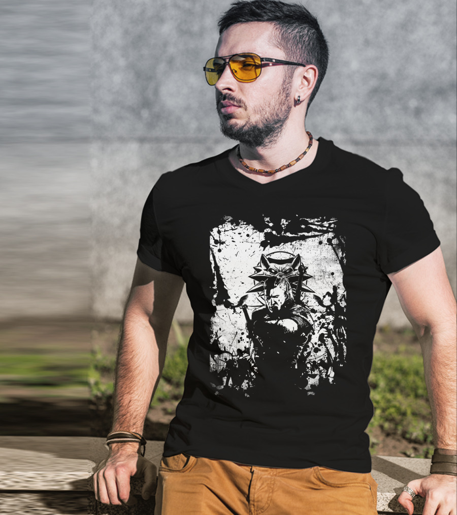 The Witcher 3 Wild Hunt Geralt Wolf School Emblem Splatter T-Shirt