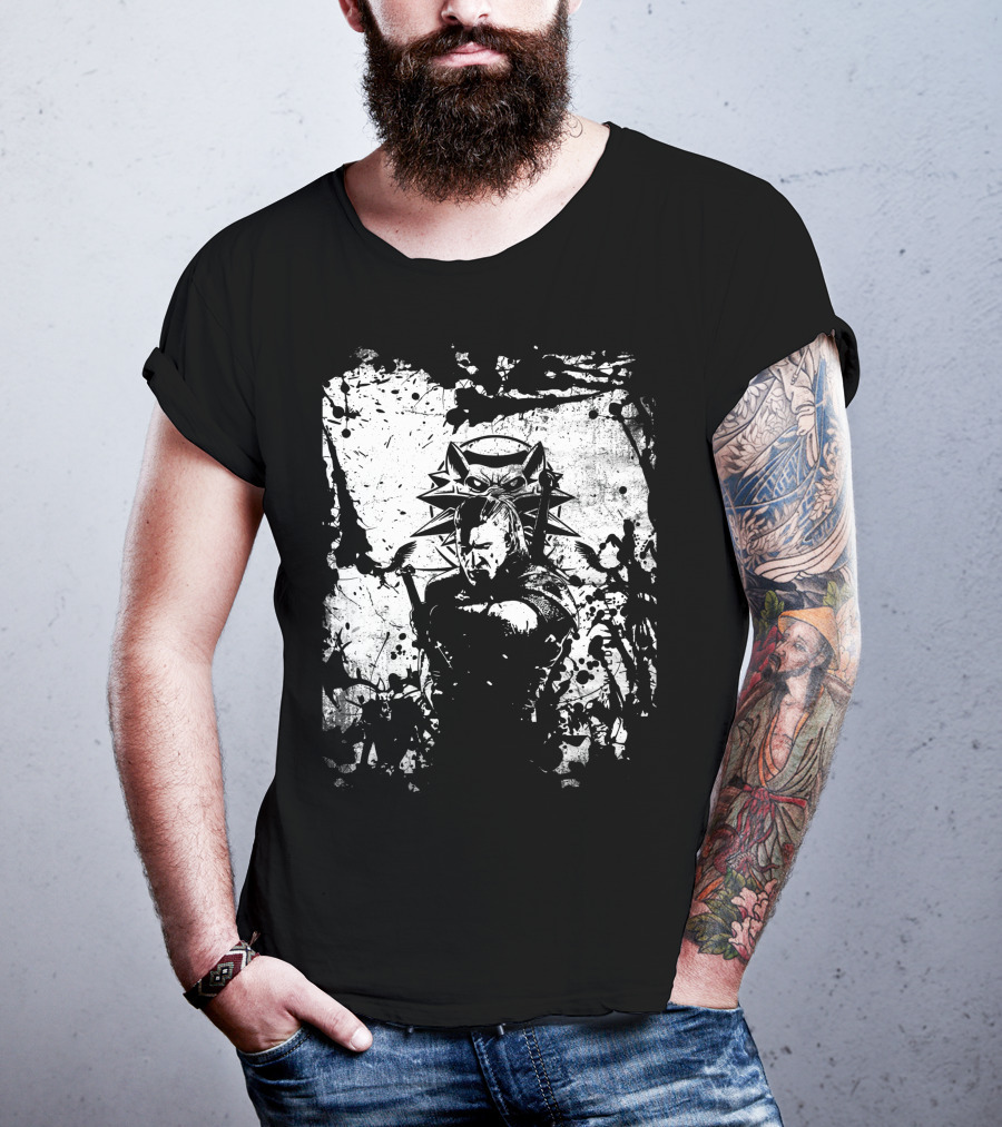 The Witcher 3 Wild Hunt Geralt Wolf School Emblem Splatter T-Shirt