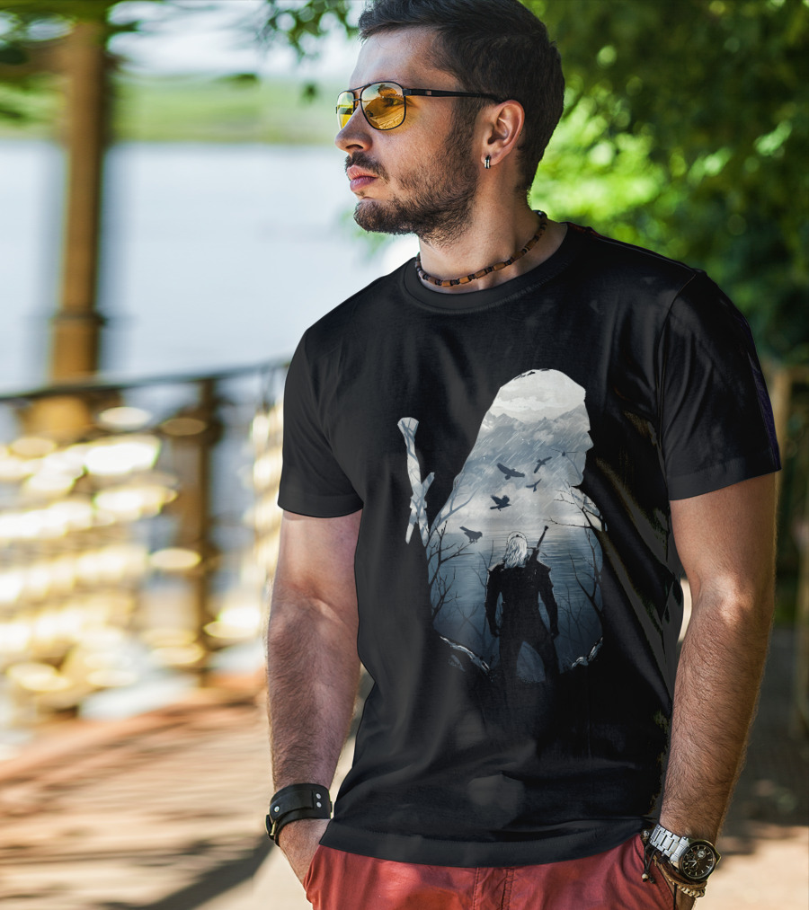 Wild Hunt Forest Geralt Silhouette With Mountains Ravens Sword T-Shirt