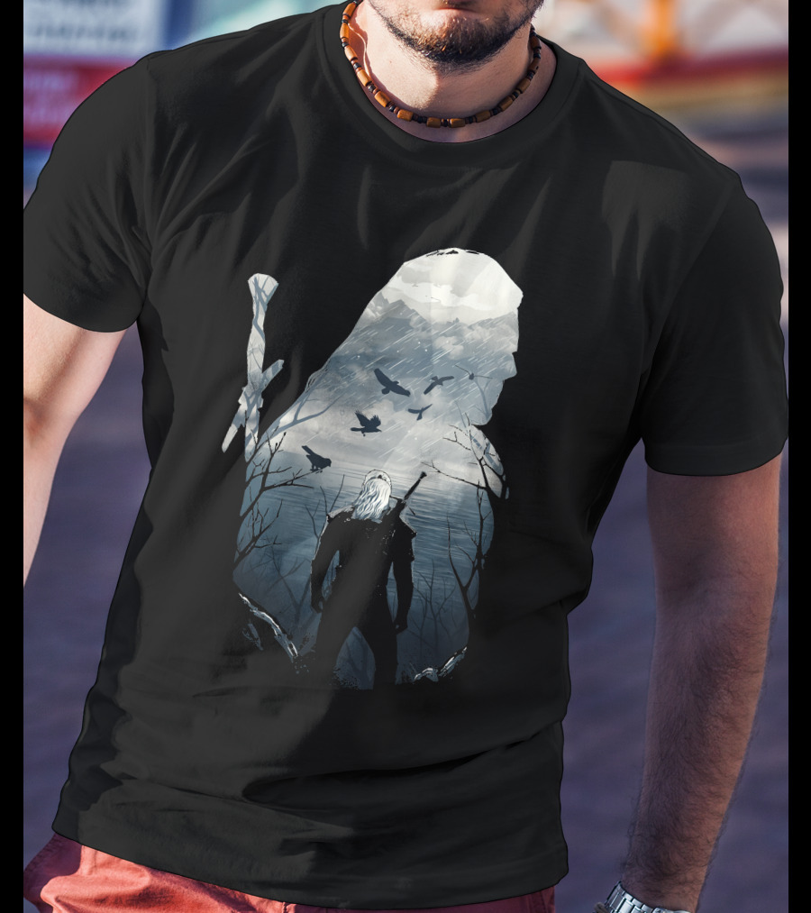 Wild Hunt Forest Geralt Silhouette With Mountains Ravens Sword T-Shirt