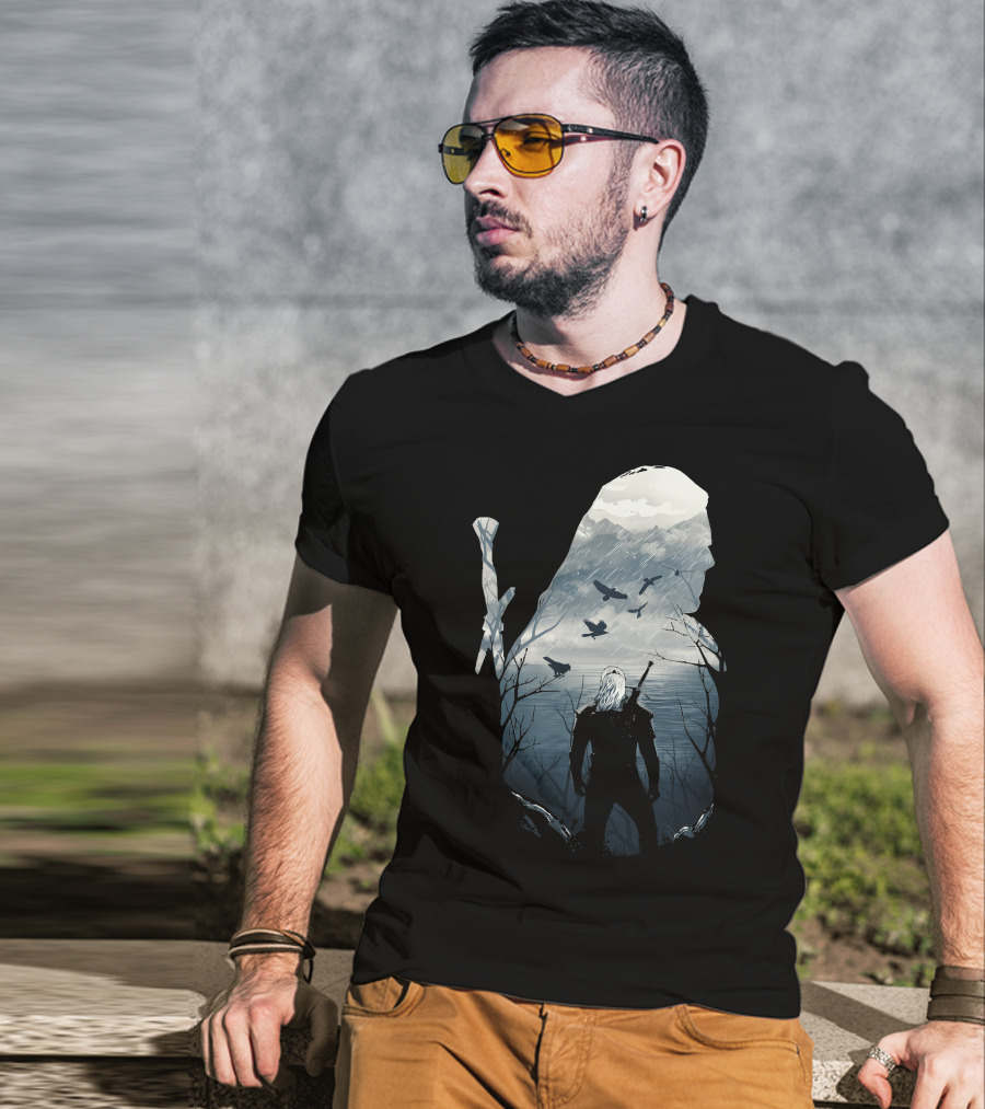 Wild Hunt Forest Geralt Silhouette With Mountains Ravens Sword T-Shirt