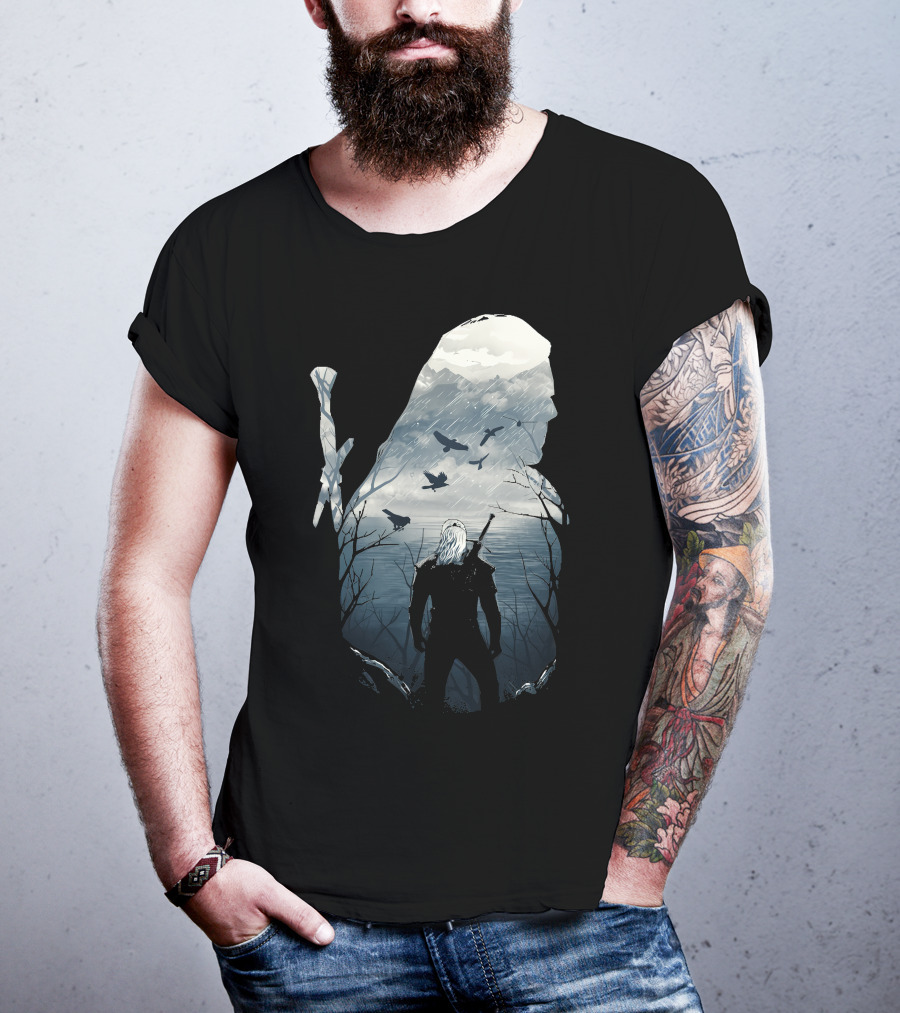 Wild Hunt Forest Geralt Silhouette With Mountains Ravens Sword T-Shirt