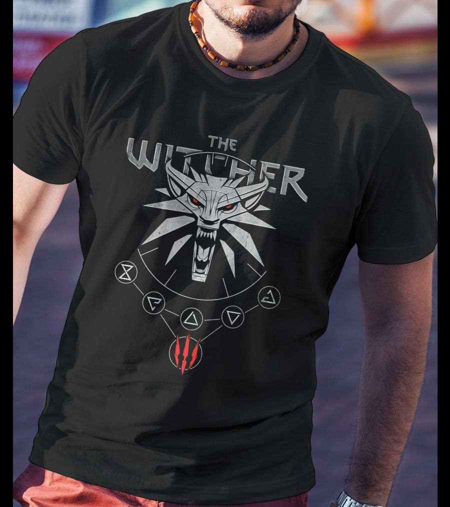 The Witcher White Wolf Wild Hunt Medallion Symbols T-Shirt