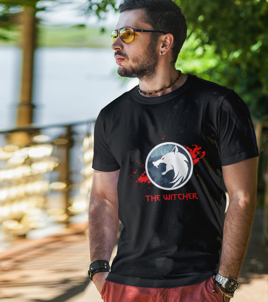 The Witcher Wolf Emblem Blood Splatter T-Shirt