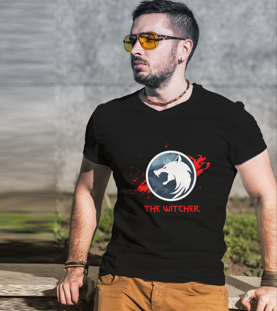 The Witcher Wolf Emblem Blood Splatter T-Shirt