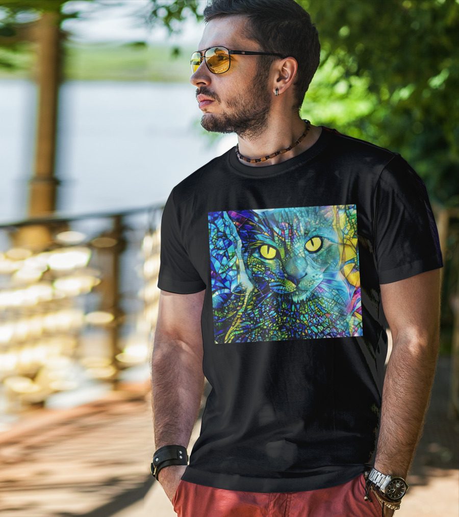 Cochfdhfdhfdh Stained Glass Mosaic Cat With Vibrant Yellow Eyes T-Shirt