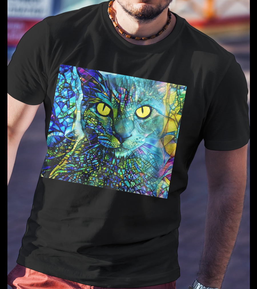Cochfdhfdhfdh Stained Glass Mosaic Cat With Vibrant Yellow Eyes T-Shirt