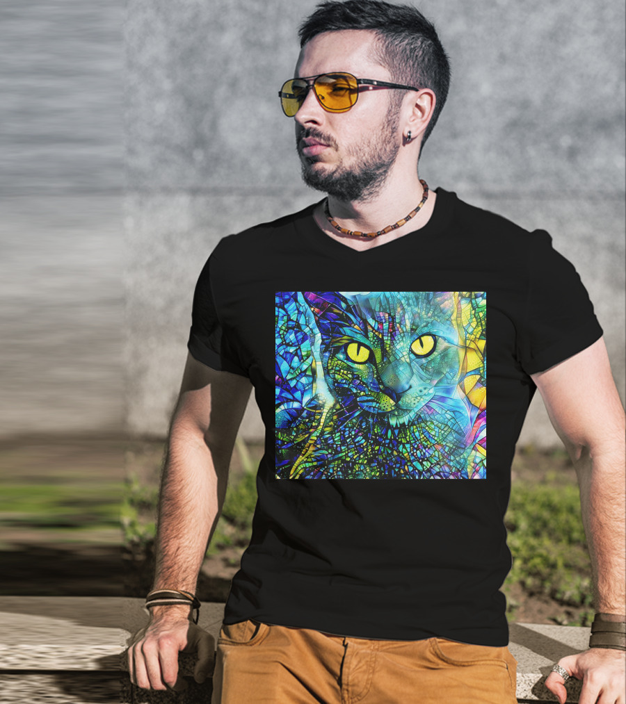 Cochfdhfdhfdh Stained Glass Mosaic Cat With Vibrant Yellow Eyes T-Shirt