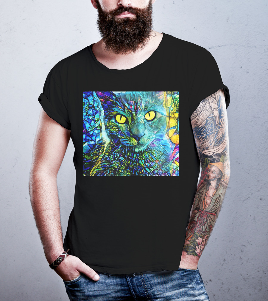 Cochfdhfdhfdh Stained Glass Mosaic Cat With Vibrant Yellow Eyes T-Shirt