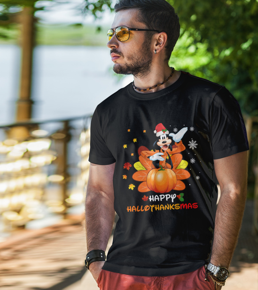 Happy Goofy HalloThanksMas Snowflakes Pumpkin Leaves Santa Hat T-Shirt