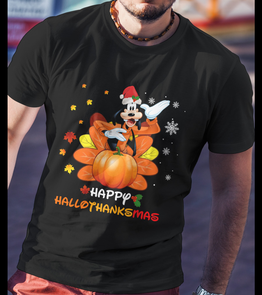 Happy Goofy HalloThanksMas Snowflakes Pumpkin Leaves Santa Hat T-Shirt