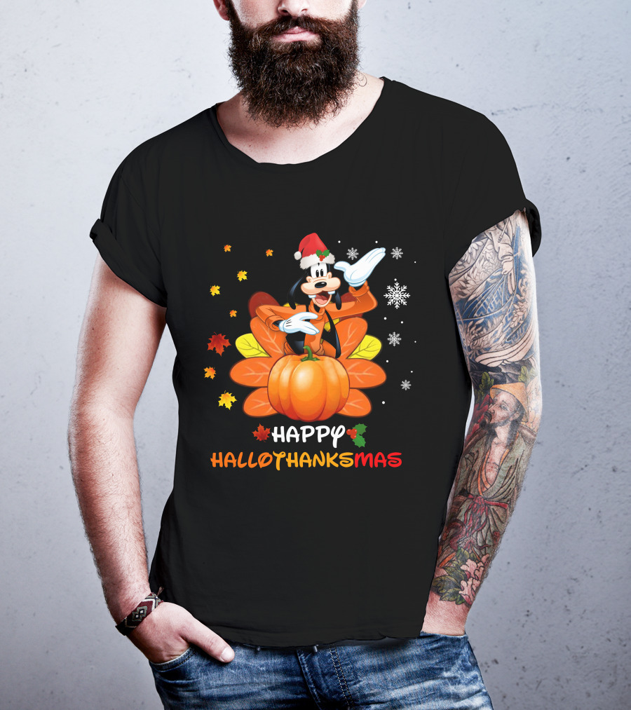 Happy Goofy HalloThanksMas Snowflakes Pumpkin Leaves Santa Hat T-Shirt