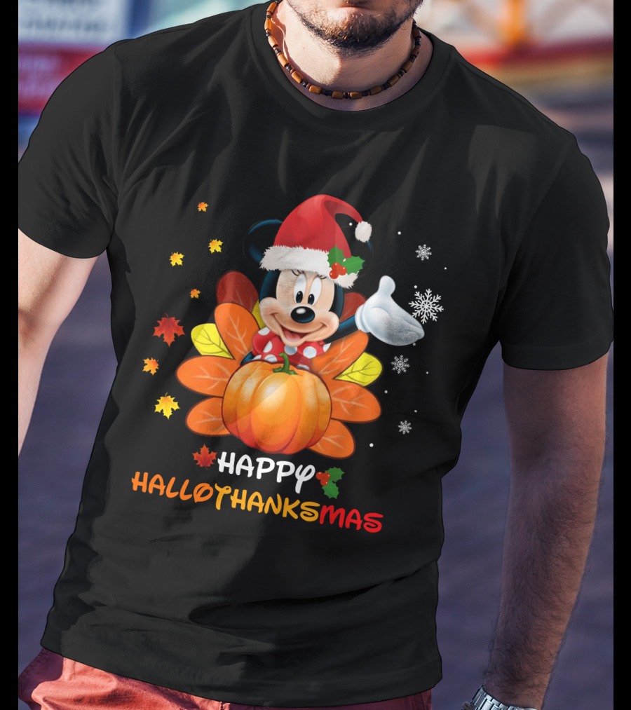 Happy Minnie HalloThanksMas Pumpkin Santa Hat Leaves Snowflakes T-Shirt