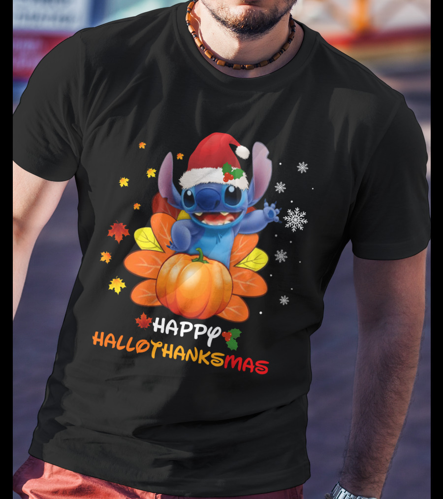 Happy HalloThanksMas Stitch Pumpkin Santa Hat Snowflakes Leaves T-Shirt