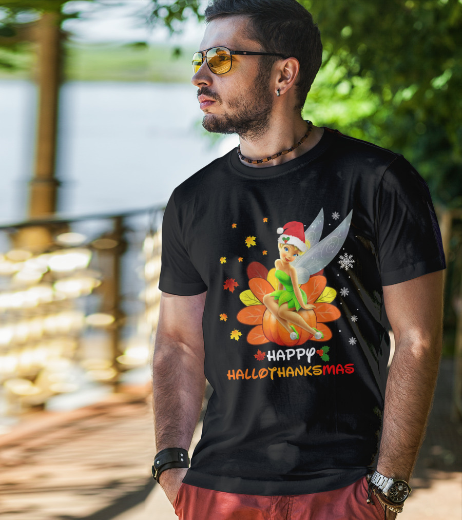 Tinkerbell Happy HalloThanksMas Pumpkin Santa Hat Snowflakes T-Shirt