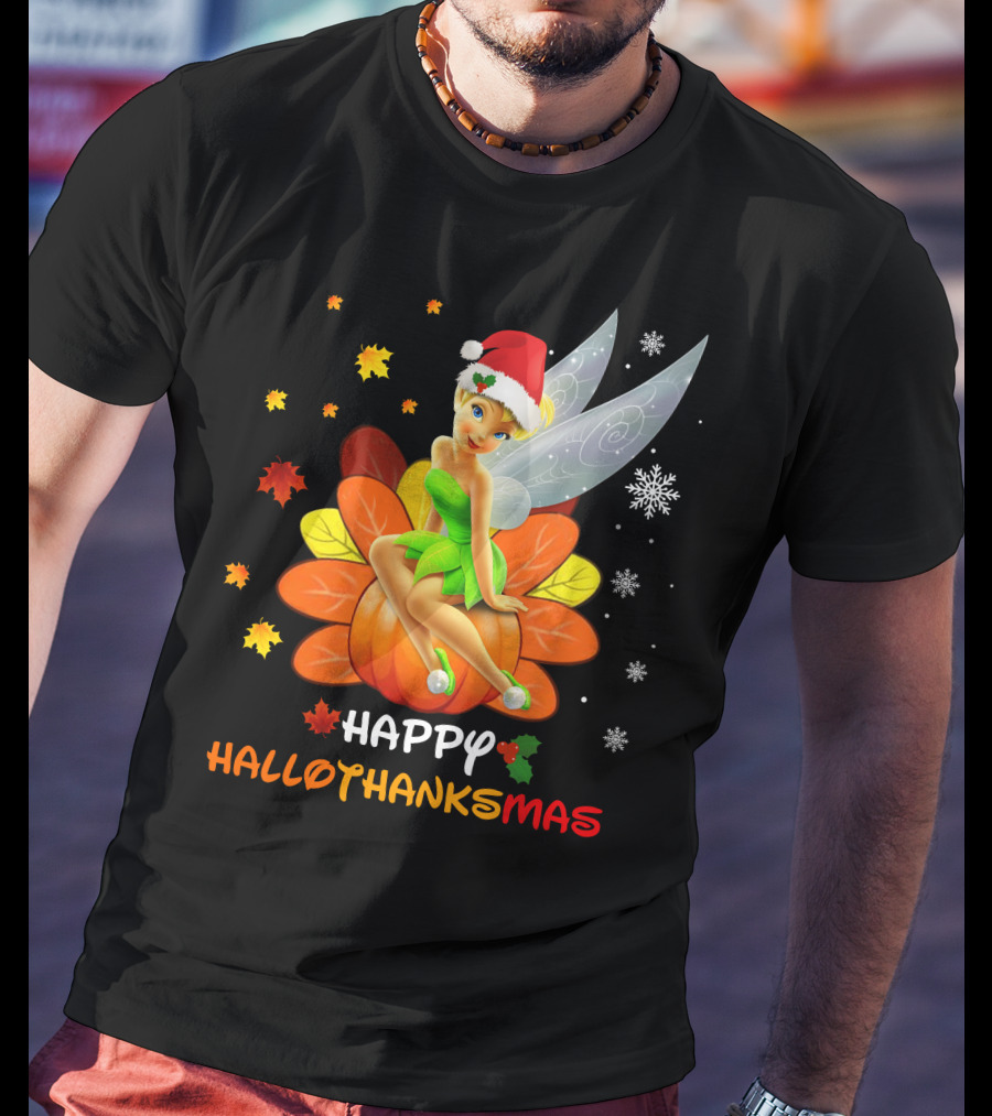 Tinkerbell Happy HalloThanksMas Pumpkin Santa Hat Snowflakes T-Shirt