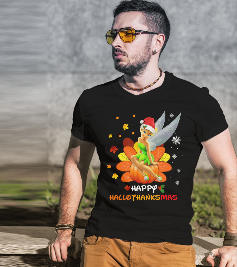 Tinkerbell Happy HalloThanksMas Pumpkin Santa Hat Snowflakes T-Shirt