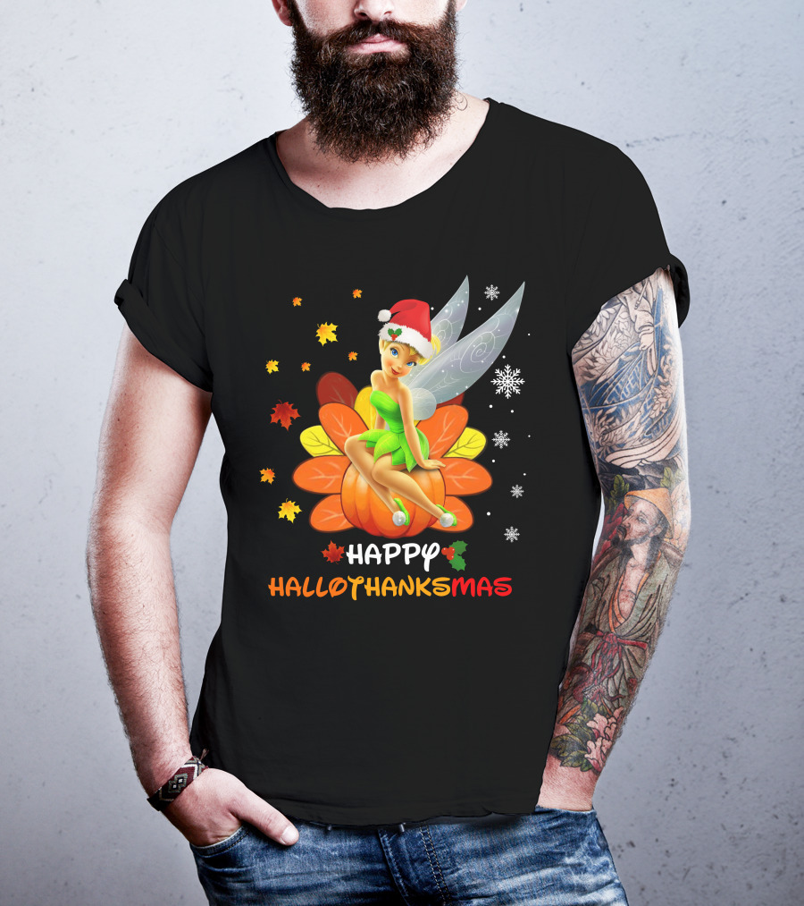 Tinkerbell Happy HalloThanksMas Pumpkin Santa Hat Snowflakes T-Shirt