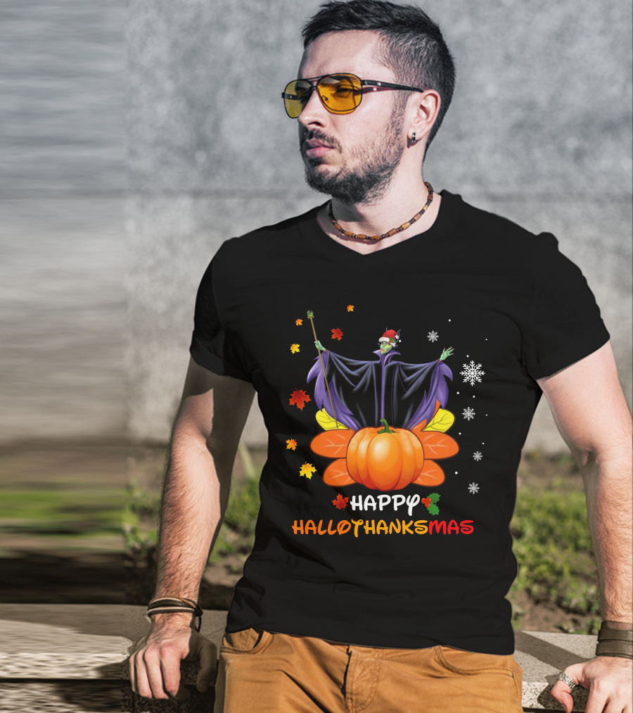 Happy Hallothanksmas Maleficent With Pumpkin And Santa Hat T-Shirt