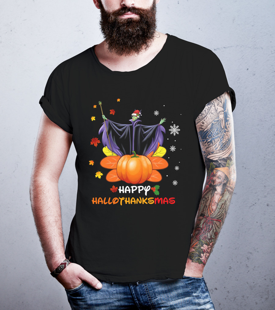 Happy Hallothanksmas Maleficent With Pumpkin And Santa Hat T-Shirt