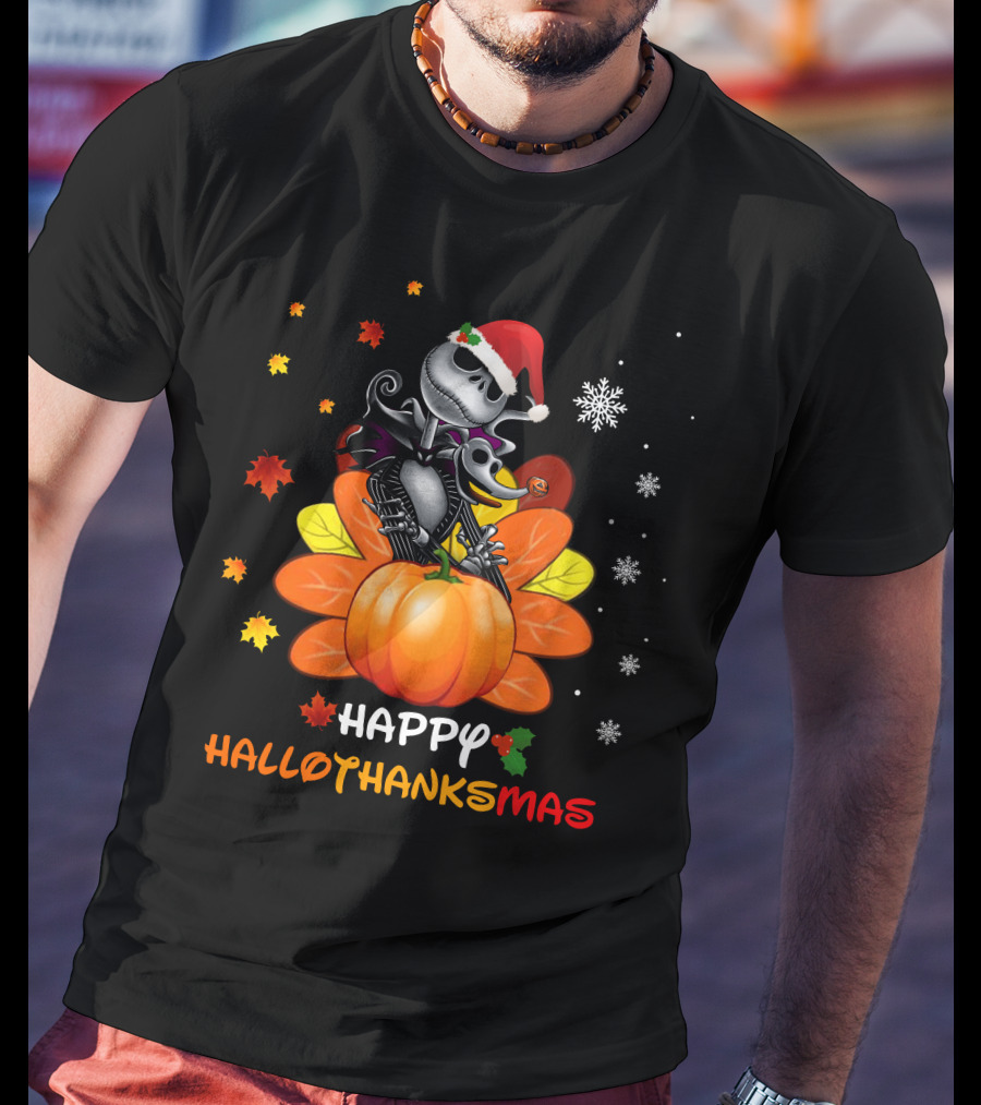 Happy HalloThanksMas Pumpkin Jack In Santa Hat With Snowflakes And Autumn Leaves T-Shirt