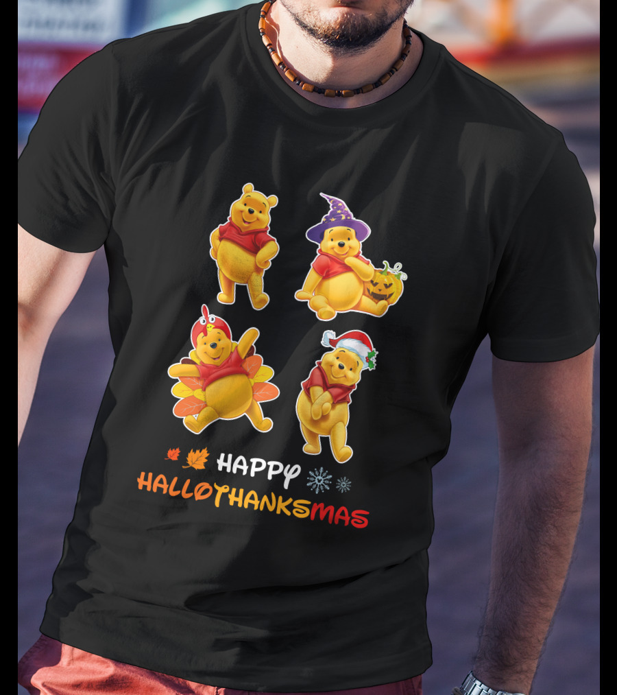 Happy Halloween Thanksgiving Christmas Pooh многопраздничная радость T-Shirt