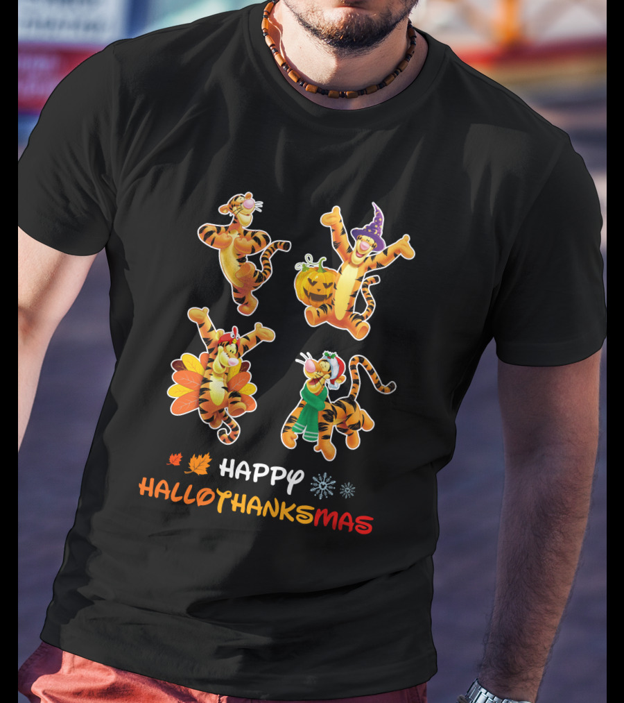 Happy Hallothanksmas Tigger Variations With Pumpkin Turkey And Holiday Outfits T-Shirt