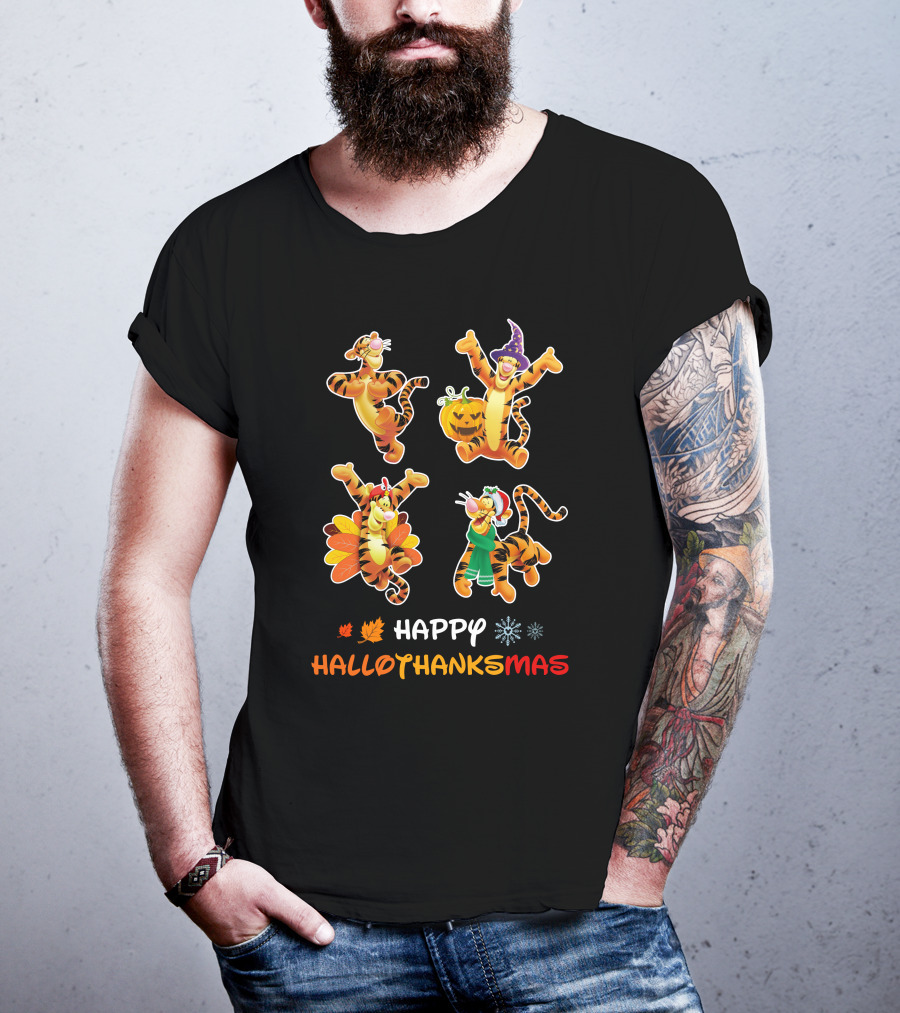 Happy Hallothanksmas Tigger Variations With Pumpkin Turkey And Holiday Outfits T-Shirt