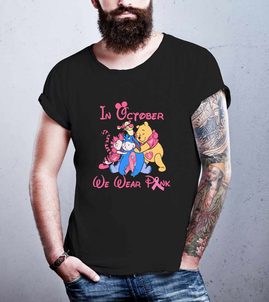 In October We Wear Pink Breast Cancer Awareness Characters T-Shirt