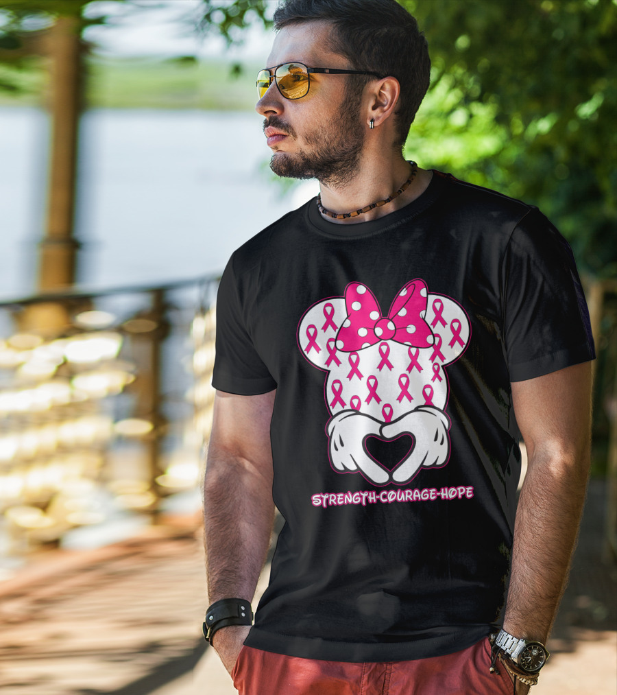 Strength Courage Hope Pink Ribbon Minnie Ears Hands Heart T-Shirt