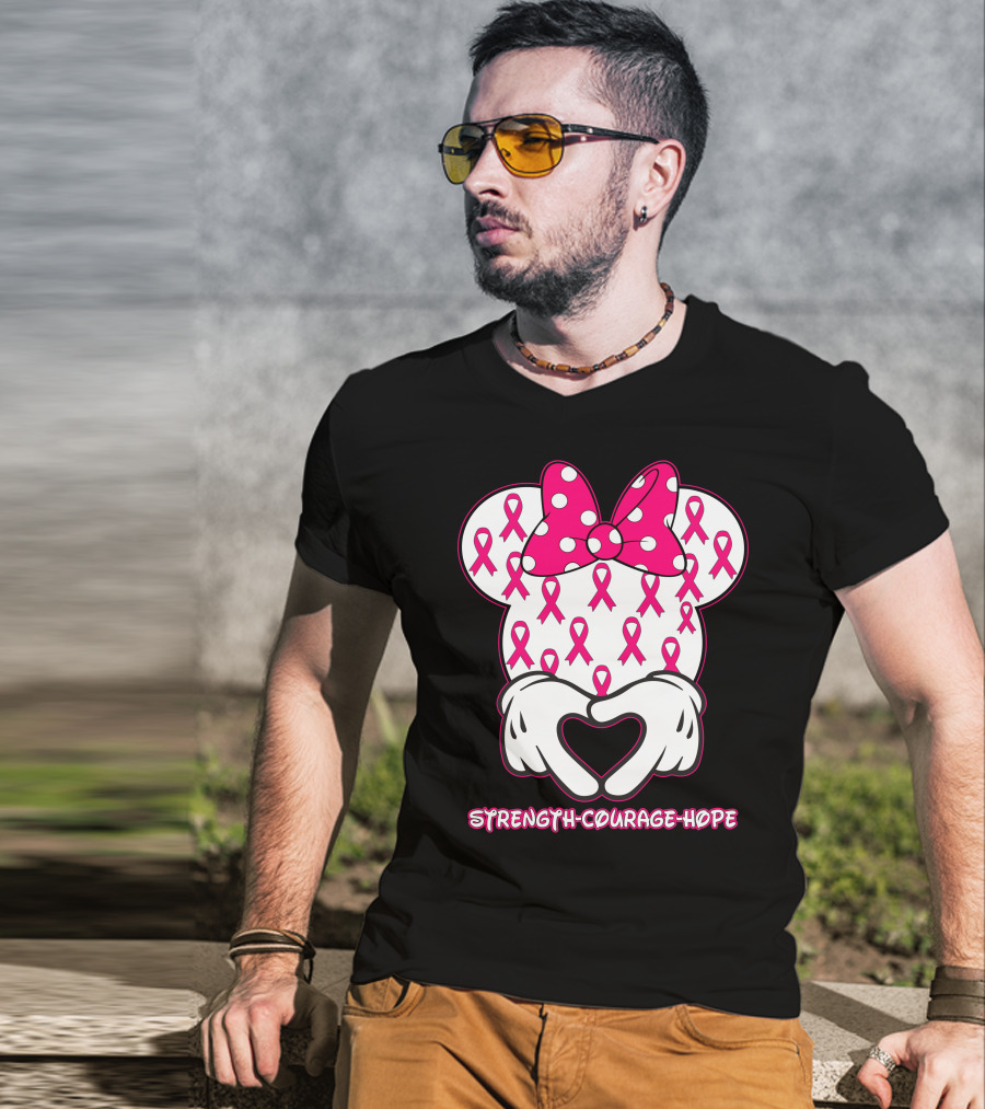Strength Courage Hope Pink Ribbon Minnie Ears Hands Heart T-Shirt