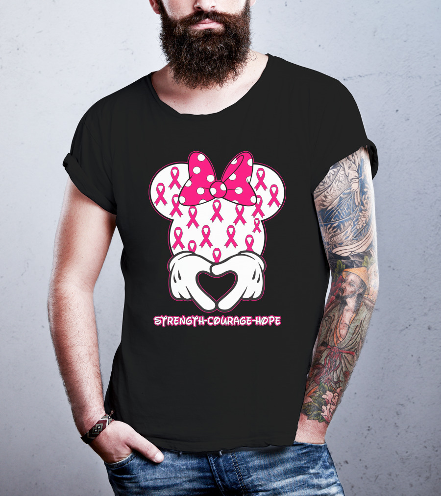 Strength Courage Hope Pink Ribbon Minnie Ears Hands Heart T-Shirt