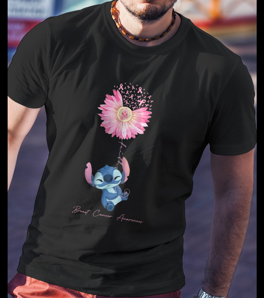 Breast Cancer Awareness Stitch Pink Ribbon Flower T-Shirt