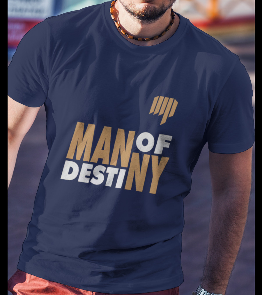 Man Of Destiny Blue And Gold Text With Vertical Stripe T-Shirt