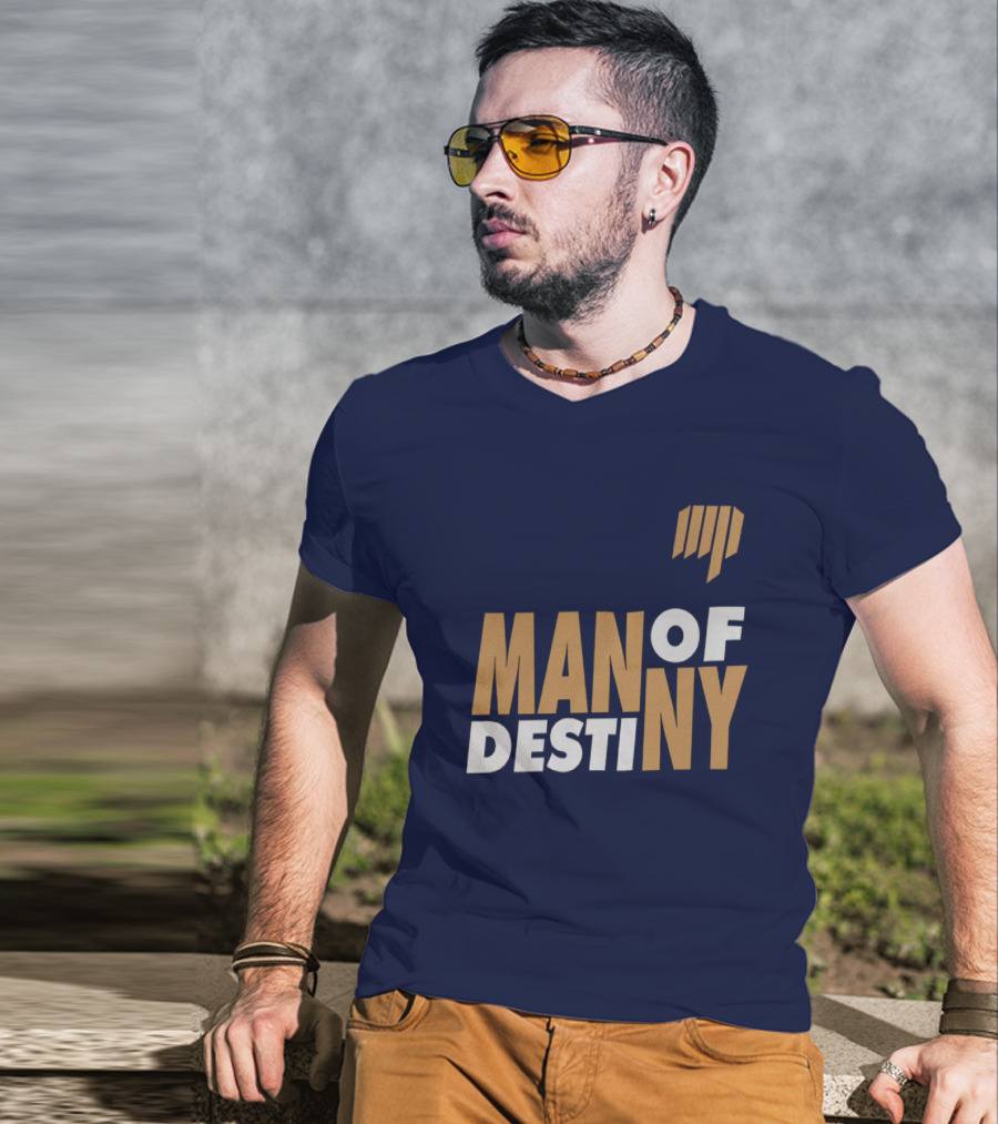 Man Of Destiny Blue And Gold Text With Vertical Stripe T-Shirt