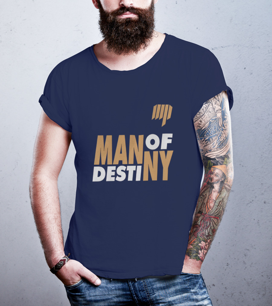 Man Of Destiny Blue And Gold Text With Vertical Stripe T-Shirt